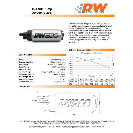 Fuel pump DeatschWerks DW200 255lph for Subaru Forester 97-07 Impreza WRX STI 93-07 Legacy GT 90-99 05-07