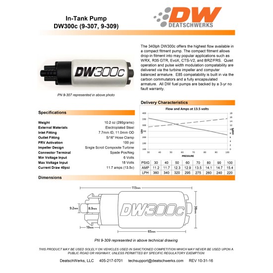Fuel Pump DeatschWerks DW300C install kit for 2017-20 Honda Civic Type-R 2018-20 Honda Accord
