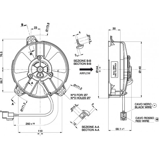 Axial suction radiator cooling fan SPAL 12V VA31-A101-46A SUMIT (130 MM)