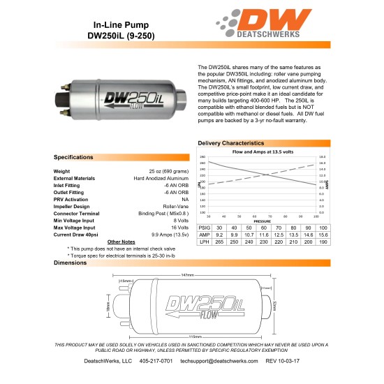 Fuel pump DeatschWerks DW250il 250lph